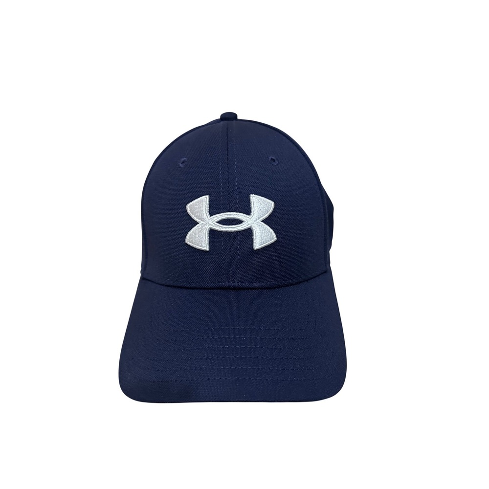 Under Armour Blitzing Navy Blue White Logo Stretch Fit Baseball Hat Cap Mens
